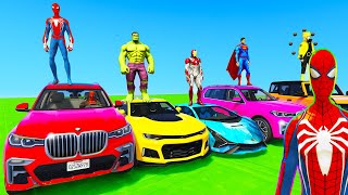 SPIDERMAN CARS Racing MOUNTAIN MEGA Ramp Challenge  SUPERHEROES HULK GOKU Epic Stunt Race  GTA 5 [upl. by Nixon]