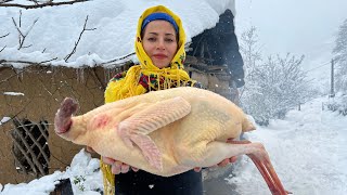 Mix of Cooking giant Turkey in Snowy Day in Village  Stuffed Turkey Recipe [upl. by Agretha]