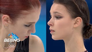 Trusova vs Shcherbakova Sidebyside of skaters stellar free skates  Winter Olympics 2022 [upl. by Enaillil]