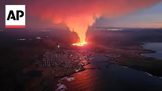 Iceland volcano eruption sends lava flowing toward nearby settlement [upl. by Ymar537]