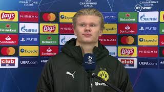 quotYou sleeping lonely tonightquot Seriously awkward Erling Haaland interview after Brugge 03 Dortmund [upl. by Ulund352]