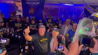 Bob Uecker is given a toast by Brewers manager Pat Murphy during NL Central championship celebration [upl. by Shiau226]