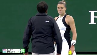 DRAMA ON COURT GAUFF SAKKARI INDIAN WELLS MARCH 15 2024 UMPIRE KADAR NOUNI [upl. by Yedorb]