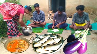 SMALL FISH curry with BRINJAL cooking in traditional method by tribe family l Village life [upl. by Ultun]