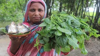 Healthy Cooking Pui Shak Ilish Macher Matha Recipe FARM FRESH Basella Alba Hilsha Curry Village Food [upl. by Neroled]