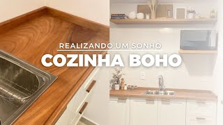 NOSSA COZINHA BOHO COM BANCADA DE MADEIRA cozinhaplanejada [upl. by Yatnoed8]