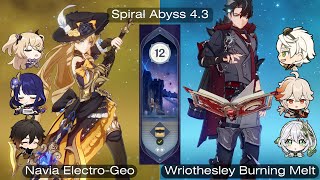 Spiral Abyss 43  Floor 12  9 Stars  Navia ElectroGeo  Wriothesley Burning Melt  Genshin Impact [upl. by Docia430]