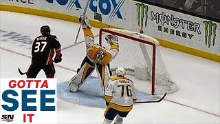 GOTTA SEE IT Rinne Makes Ridiculous One Of A Kind Save Keeps Predators Tied [upl. by Annoyik143]