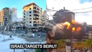 Deadly moment Israeli missile destroys Beirut building and streets [upl. by Amsirac430]