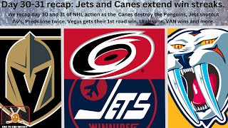 NHL Game Recap Jets and Canes extend win streaks Preds lose 2 VGK UTA and VAN win  more games [upl. by Beverlie]