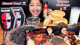 EXTREME SPICY CHALLENGE ☠️ ALMOST DEAD 💀 GHOST PEPPER NOODLES SAMYANG FIRE SAUCE amp JOLOCHIPS 🔥 [upl. by Allred]