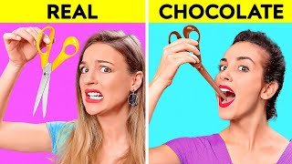 REAL VS CHOCOLATE FOOD CHALLENGE  Last To STOP Eating Wins Taste Test by 123 GO CHALLENGE [upl. by Adnohsak]