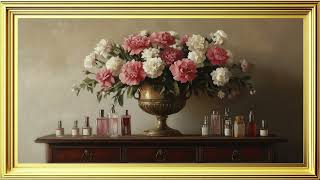 Pink Carnations amp White Roses in Brass Urn  4K Vintage Floral Frame TV Art  Elegant Home Decor [upl. by Kensell]