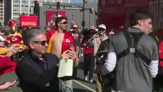 Brittany Mahomes grabs Chiefs flag as Patrick Mahomes shows off the dad bod on the parade route [upl. by Eiramassenav106]