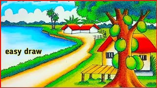 How to draw jack fruit tree  drawing Beautiful village scenery  draw landscape nature scenery [upl. by Namharludba]