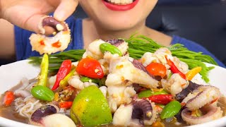 Thaifood ASMR ตำปลาร้าหนวดหมึก นัวๆ ขนมจีน Squid Mustard saladKhanom Jeen MUKBANG show [upl. by Adnomal]