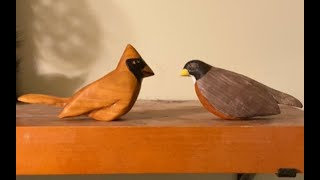 Adorable Cherry Cardinal and Walnut Robin Wood Carving [upl. by Stormy279]