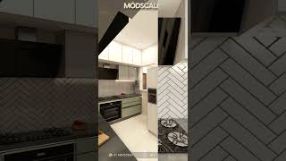 MODSCALEinteriors Modular kitchen with subway tiles backsplashamp subtle crockery with marble laminate [upl. by Kliber]