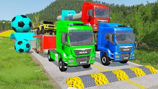 Double Flatbed Trailer Truck vs Speedbumps Train vs Cars  Tractor vs Train BeamngDrive 058 [upl. by Adamo]