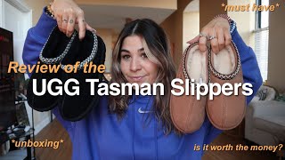 UGG TASMAN SLIPPERS REVIEW  Unboxing and Try on  Must have trendy women shoe [upl. by Ardnassela]