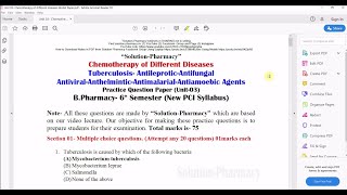 Pharmacology Model Question Paper Unit 03 Chemotherapy  Pharmacology 03  BPharmacy 6th Semester [upl. by Ophelia]