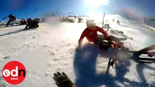 Dramatic Mass Pileup as Mountain Bikers Race Down Glacier [upl. by Noynek]