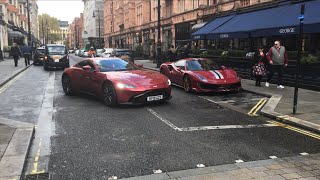 Ferrari 488 Pista amp Aston Martin Vantage Sounds and Accelerations  Car Spotting London Supercars [upl. by Oilicec]