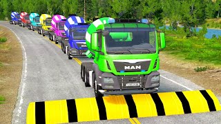 Flatbed Trailer Cars Transportation with Truck  Speedbumps vs Cars vs Train  BeamNGDrive 0005 [upl. by Ursala]