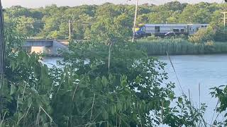 LIRR Trains Passing close by the Forge Marina on the Bridge [upl. by Trstram211]