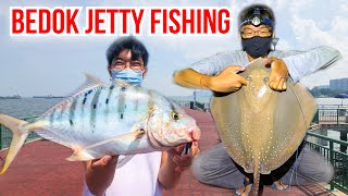 Surf Fishing at Bedok Jetty  Golden Trevally and Stingray  Fishing in Singapore [upl. by Angy]