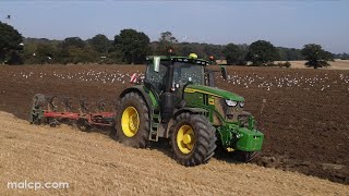 4Kᵁᴴᴰ 2023 John Deere 6R 250 amp a Kverneland LO85 six furrow plough ploughing wheat stubble in Sibton [upl. by Wenona]