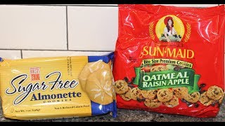 Baker’s Batch Sugar Free Almonette Cookies amp Sun Maid Oatmeal Raisin Apple Cookies Review [upl. by Eidna633]