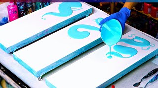 Gorgeous AQUA Triptych 💙 Bright PAINTampWATER Abstract painting  Acrylic Pouring  Fluid Art Tutorial [upl. by Ahsitak]