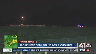 Semitruck jackknifes on Interstate 35 and Chouteau no injuries reported [upl. by Gwenore]