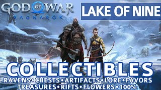 God of War Ragnarok  Lake of Nine All Collectible Locations Chests Artifacts Ravens  100 [upl. by Atinele]