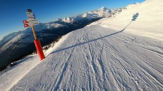 Golden Hour Les Arcs Vallandry to Les Arc 1800  Bluebird Skiing [upl. by Llertnahs]