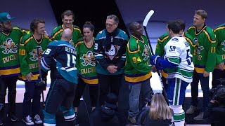 Cast of The Mighty Ducks drop ceremonial puck in Anaheim [upl. by Nylrats]