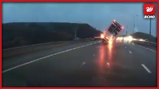 Dashcam footage captures terrifying moment lorry is blown over on M62 [upl. by Atteval]