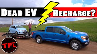 EV RESCUE Can The 2021 Ford F150 PowerBoost Hybrid Charge An Electric Car [upl. by Ewnihc265]