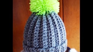 Crochet easy ribbed pom pom Hat [upl. by Fabyola915]