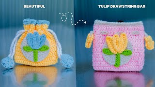 How To Crochet Tulip Drawstring Bag  Easy Crochet For Beginner [upl. by Aikam500]