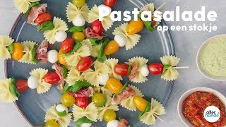 Pastasalade op een stokje met mozzarella parmaham en tomaat  Allerhande [upl. by Perla]