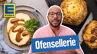 Ofensellerie Rezept mit veganer Soße  Sellerie im Backofen zubereiten [upl. by Wrigley]