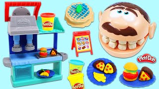 Feeding Mr Play Doh Head Huge Hamburger Pizza amp Cake Meal Time with Play Doh Chef Restaurant Set [upl. by Davies18]