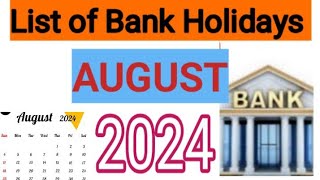 List of Bank Holidays August 2024 August 2024 Bank Holidays In India [upl. by Tanhya]