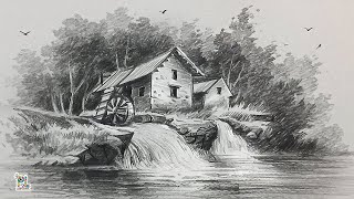 How to draw Watermill Scenery Art [upl. by Juana]