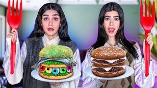 با چیزای شانسی برگر درست کردیم 😐 FOOD CHALLENGE [upl. by Rimhsak238]