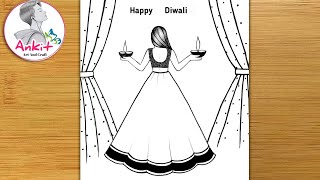 Beautiful Diwali Drawing EasyDiwali Festival Scenery Drawing For Beginners Diwali competition 2024 [upl. by Chainey]