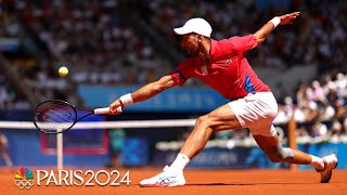 Novak Djokovic glides to drop shot as final against Carlos Alcaraz heats up  Paris Olympics [upl. by Atnahsal98]