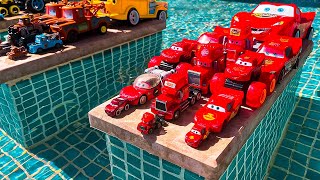 Disney Pixar Cars falling into deep pool Lightning McQueen Tow Mater Mack Sally Francesco [upl. by Yanffit]